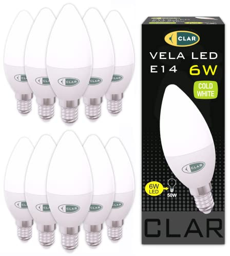 CLAR – Bombilla LED E14 Tipo Vela 6W, Casquillo Fino, Luz Fría 6500K, Bajo Consumo y Diseño Clásico (Pack 10)