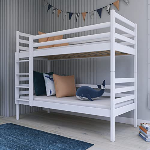Kids Collective Hochbett 90x200 Etagenbett mit Rausfallschutz und Lattenrost, umbaubar in Zwei Kinderbetten, aus Vollholz massiv in Weiss, Funktionsbett