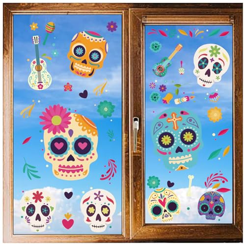 craspire 8 Stile Totenkopf-Fensteraufkleber, Wandaufkleber, Buntes Skelett, PVC, Wasserfest, Selbstklebend, Für Glasvitrinen, Zuhause, Kinderzimmer, Dekoration, Partyzubehör