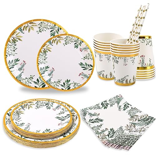 Green Paper Plate Set for 50 Guest, CEILIWEN 250PCS Sage Green Gold Party Tableware, Green Party Supplies Include 9'' Paper Dinner Plates, 7'' Side Plates, Disposable Cups, Straws, Napkins