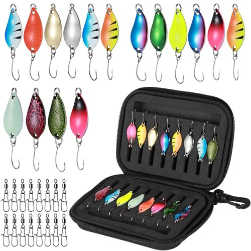 Realure 16 Pcs/3 Sizes Fishing Spinners Set with Storage Box & Rolling Swivels and Clips 2.5g 3.5g 5g Spoons Lures Multicolor Metal Baits for Sea Bass Pike