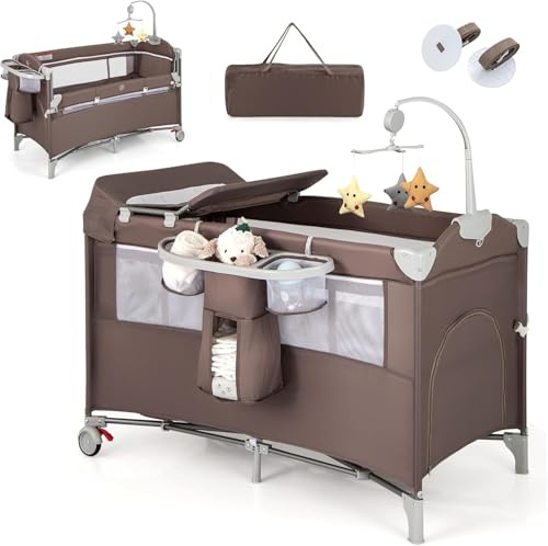 RELAX4LIFE 5 in 1 Lettino da Campeggio per Bambini, Culla Neonato con Fasciatoio e Cingia Fissagio, Carillon e 3 Giocattoli Appesi, Adatto a Bambini da 0-36 Mesi (Marrone)