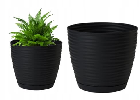 DomoDomo Plastik Topf mit Untersetzer, Sahara Serie, schwarz, 14,7x13,6 cm – Trendiger Blumentopf, Moderne Dekoration, hochwertige Wohnakzente