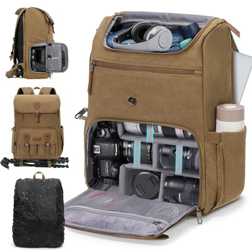 RAINSMORE Camera Backpack DSLR/SLR Camera Bag for Photographers Canvas Photography Backpacks with Rain Cover & 15 Laptop Compartment Anti-Theft Vintage Camera Back Pack Case, Khaki