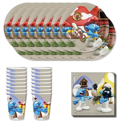 Anila's Party Set Smurfs, 52-Piece Set, Plates, Cups, Napkins, Disposable Tableware, Tableware Set.