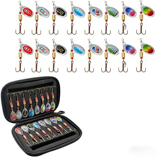 Frogetu Forellenköder Set 16 Stück, Spoons Forelle Set 3.5g Angelzubehör mit Aufbewahrungsbox, Kunstköder Spinner Blinker Set, Forellen Köder für Forelle Barsch Hecht Zander, UV Farben