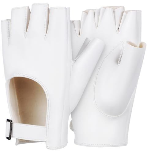 GAROZATION Damen-Halbfingerhandschuhe Weiß Fingerlose Handschuhe Aus Pu-Leder Punk-Style Für Motorradfahren Und Tanzkostüm 1 Paar