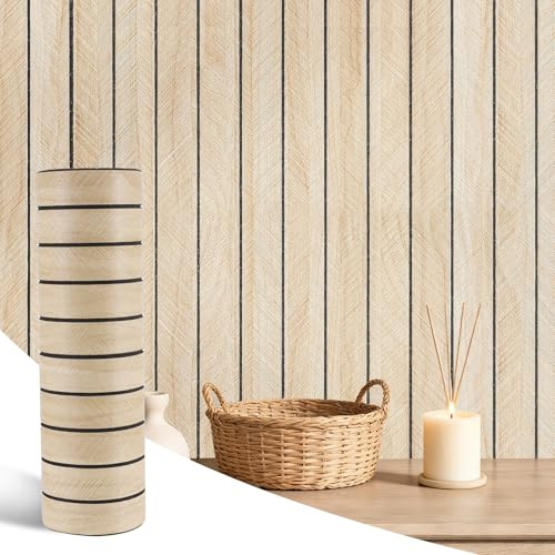 Viitech 6 Rolle Tapete, 40 X 300cm 3D Effekt Tapete Holzoptik, Wasserdicht Feuchtigkeitsbeständig und Schmutzabweisend Skandi Holzpaneele Natur Optik Modern Holzwand Lamellenwand (Fischgrät Hellbeige)
