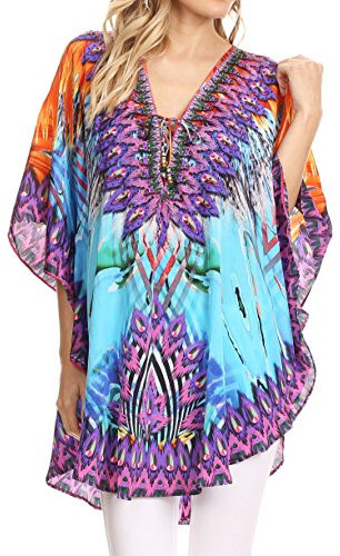 Sakkas P22 - Ballon Top Tallulah breiten Kreis Bluse Poncho-Oberteil mit Riegel-Ansatz-Gehäuse mit Perle - 1704-Türkis/orange - OS