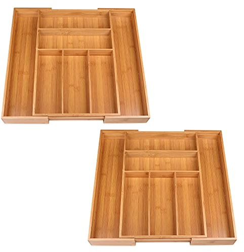 Schramm® 2 piezas cubertero de bambú para cajones de tamaño ajustable 30-48x46x5 cm Inserto de cajón Inserto de cajón 5-7 compartimentos Inserto de cubiertos Organizador de cocina