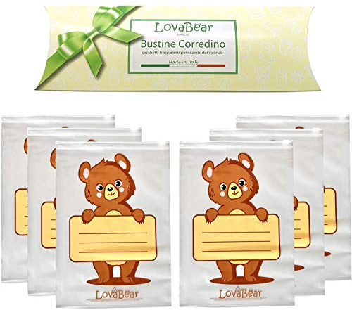 Lovabear 6 Bustine Corredino Neonato – Sacchetti Perlate, Buste Ospedale Nascita, Chiusura con Cursore Ermetico, 6pz Porta Primo Cambio Vestiti Borsa Parto, Cambio Asilo Nido
