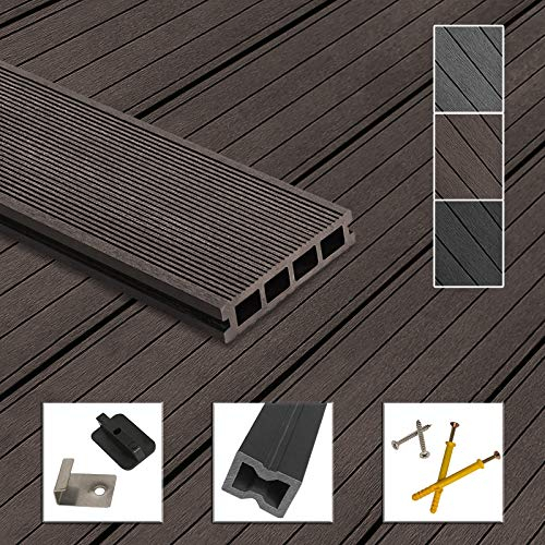 Montafox WPC Terrassendielen Dielen Komplettset Hohlkammerdiele Komplettbausatz Unterkonstruktion Clips, Größe (Fläche):30 m² 2.2m, Farbe:Dunkelbraun