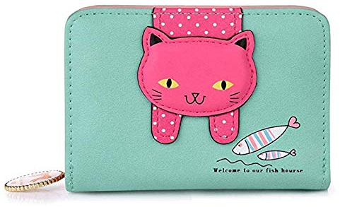 Spldsun Mini Portefeuille Mignon, Bande Dessinée de Chat Fille Porte-Monnaie, Porte-Monnaie en Cuir avec Fermeture ÉClair, Cadeaux Mignons pour Les Filles(Vert Clair)
