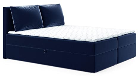 Boxspringbett Egro mit 2 Bettkästen und Zwei große Kissen - Doppelbett mit Bonell-Matratze und Topper, Polsterbett, Bett, Bettgestell Schlafzimmer (Dunkelblau (Kronos 09), 140 x 200 cm)