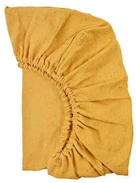 KraftKids Spannbettlaken Musselin Musselin goldene Punkte auf Gelb aus 100% Baumwolle in Größe 140 x 70 cm, handgearbeitete Matratzenbezug gefertigt in der EU