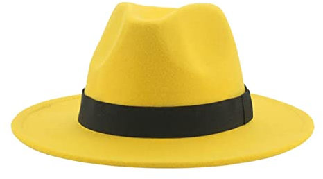 QBQZXAOSOWH Fedora Trilby Fedora-Hüte Für Damen, 9,5 cm Breite Krempe, Kleid, Herren, Mützen, Filzhut, Panama, Kirche, Hochzeitsband, Band, Herrenhut, 56–58 cm, Gelb