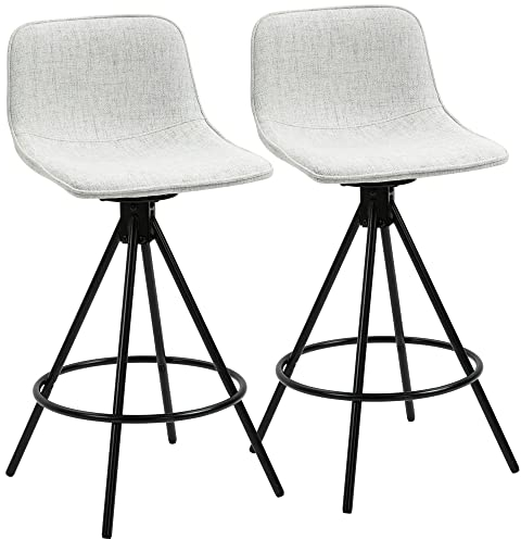 HOMCOM Juego de 2 Taburetes Altos de Cocina con Asiento Giratorio Taburetes de Bar Tapizada en Tacto de Lino con Respaldo y Patas de Acero para Comedor 41,5x47,5x90 cm Gris Claro