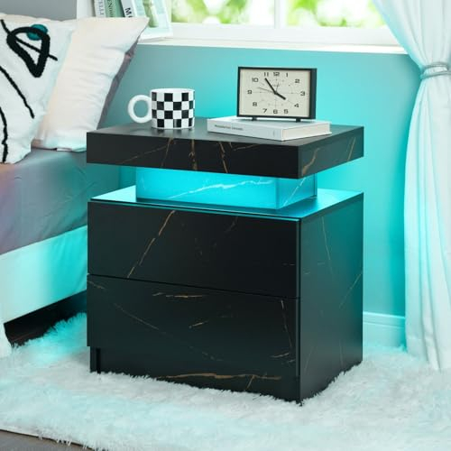 Cubehom LED Nachttisch Holz Nachttische mit Schublade Modern Nachtkommode mit LED-Beleuchtung für Schlafzimmer, Wohnzimmer, Schwarz+Gold