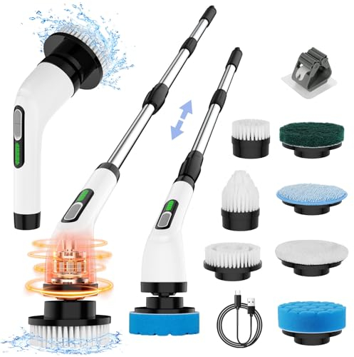 MoKo Electric Cleaning Brush, Electric Scrubber up to 490 RPM with 7 Replaceable Brush Heads,Power Display, Adjustable Long Handle, Electric Scrubber for Cleaning Shower/Bathroom/Tub/Tile/Floor