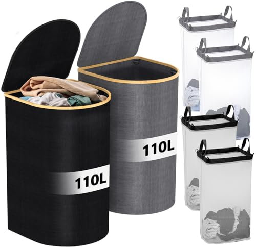 MZJAUVF 2PCS Panier à Linge, 2 * 110L Panier à Linge avec Couvercle, Corbeille à Linge avec 4 Sac Intérieur Amovible, Pliable Laundry Basket, Grand Corbeille à Linge, Multifonction Panier Linge Sale