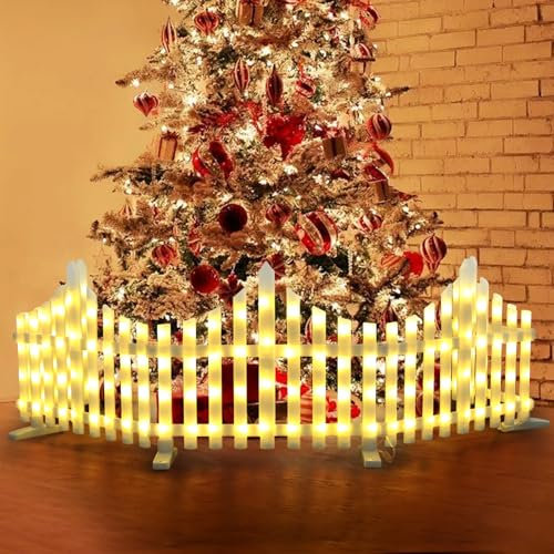 LED-Weihnachtsbaumzaun, 1,75 m, beleuchtet, weihnachtlich, dekorativer weißer Kunststoff-Lattenzaun für Kinder, Haustiere, Hausblume (warmweiß), 5 Stück