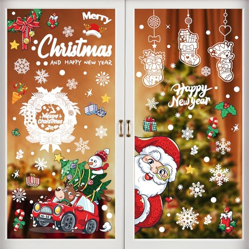 PBWZF 308 PCS Vetrofanie Natalizie per Finestre Riutilizzabile, PVC Adesivi Natalizi per Finestre con Fiocchi di Neve, Renne,Babbo, Vetrofanie Natale per Decorazioni Natalizie per la Casa(Colorato)