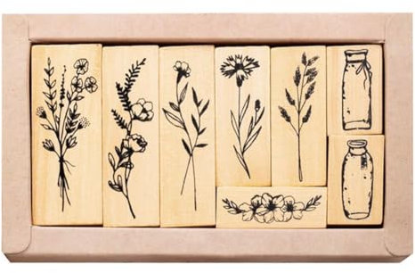 Wenrescry 8 piezas Juego de sellos de madera vintage con flores, sellos de goma con diseño de flores y plantas, para manualidades, álbumes de recortes, tarjetas, diarios y envoltorio de regalo