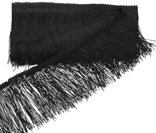 10cm × 9,1m Schwarze Fransenborte, Fransenbordüre Fransenband Dekoband Tanzfransen Schnittfranse Seide Quaste Fransen-Borten Bänder Zum Nähen, DIY Basteln, Kleidung Dessous Kostüme Vorhänge Dekoration