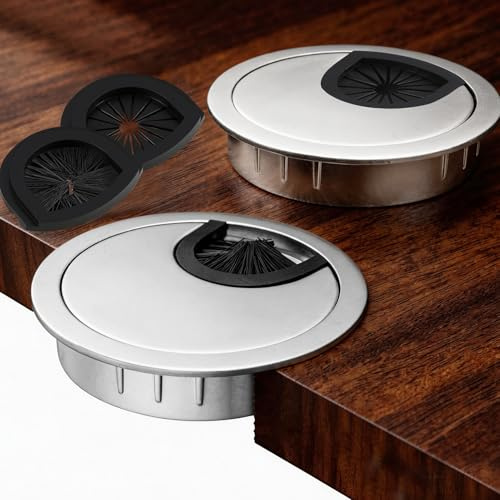 leruiyezs 2pcs Kabeldurchführung Ø60mm Metall mit Bürsten und Gummieinsatz, Rund Kabeldurchlass 60mm für Schreibtisch,Tischplatte,Möbel,Schreibtisch Kabeldurchführung für Büro, Homeoffice,Werkstatt