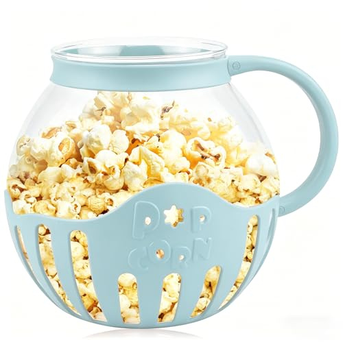 2L Popcorn Maker Machine, Microwave Popcorn Popper, Borosilicate Glass Bowl, Healthy Less Fat, Low Calorie, BPA Free Snack Pop Corn Air Poppers For kids Movie Nights Parties Home - Blue