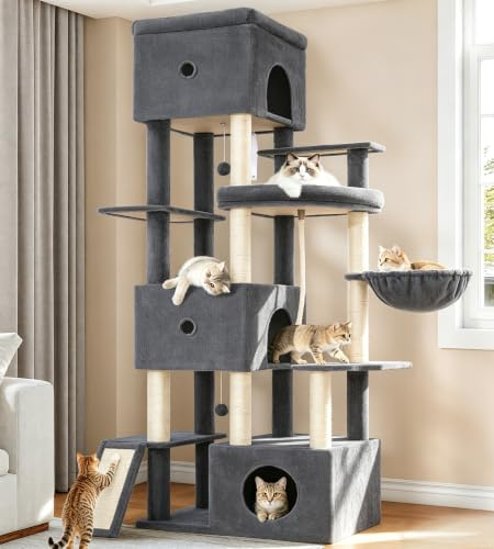 Fobyfurny Tall Cat Tree, XXL Multi-Level Cat Tower, 200cm, Dark Grey | 3 Large Caves, 7 Scratching Posts, Scratching Board, Basket, Pompoms, Sisal Rope, Play Tower & Tree for Indoor Use