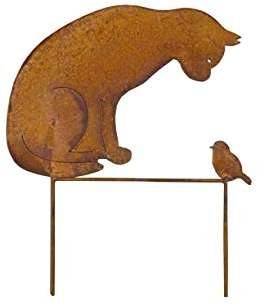 Vosteen Gartenstecker Katze + Vogel 50cm Höhe Metall Rost Gartendeko Edelrost