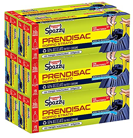 Domopak Spazzy Sacchi Nettezza Prendisac Con Maniglie Autochiudenti, Blu, Nero, 15 Unità, Confezione da 6