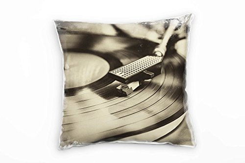 Paul Sinus Art Macro, Vintage, Schallplatte, Musikspieler, Sepia Deko Kissen 40x40cm für Couch Sofa Lounge Zierkissen - Dekoration zum Wohlfühlen