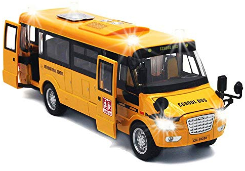 9 Pull Back School Bus,Light Up & Sounds Die-cast Metal Toy Vehicles with Bright Yellow and Openable Doors