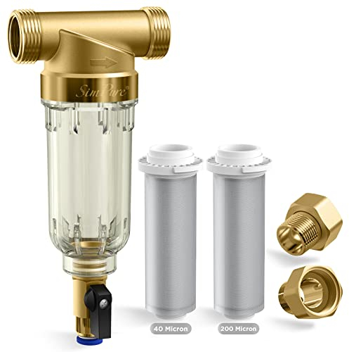 SimPure 40/200 micron Spin Down Filtro sedimenti riutilizzabile, filtro acqua sedimenti tutta la casa, sistema di pre-filtrazione per acqua di città/pozzo, 1 MNPT + 3/4 FNPT + 3/4 MNPT, BPA Free