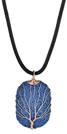 JewelryWe Lebensbaum Halskette für Damen Herren: Saphirblau Natürliche Vulkansteine Platinierter Messingdraht Handgemacht Wicklung Baum des Lebens Anhänger mit Verstellbarer Leder Kette