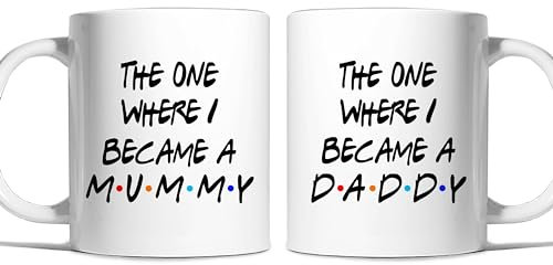 Risk-A Designs The One Where I Became a Mummy and The One Where I Became a Daddy Mug Set, Mummy and Daddy Gift Set, Pregnancy Reveal, New Mum and dad Set of Mugs, First time Parents Gift