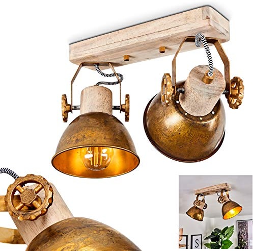 HOFSTEIN Deckenleuchte Orny, 2-flammiger Deckenstrahler aus Holz und Metall in bronzefarben, Industrial/Vintage Look Zimmerlampe, 2 x E27, die Leuchtenköpfe sind verstellbar,ohne Leuchtmittel