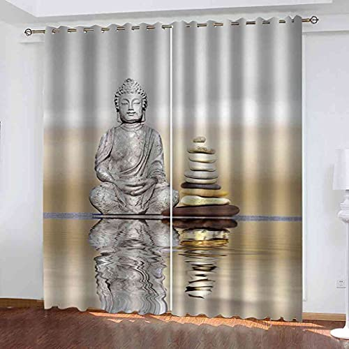 JNWVU Blickdicht Vorhang Mit Ösen, 2 Stücke Verdunkelungsvorhang 200X180Cm (B X H) Buddha Kunst Verdunklungsvorhänge Mit Blickdichtem Futter, Gardinen Blickdicht Für Wohnzimmer