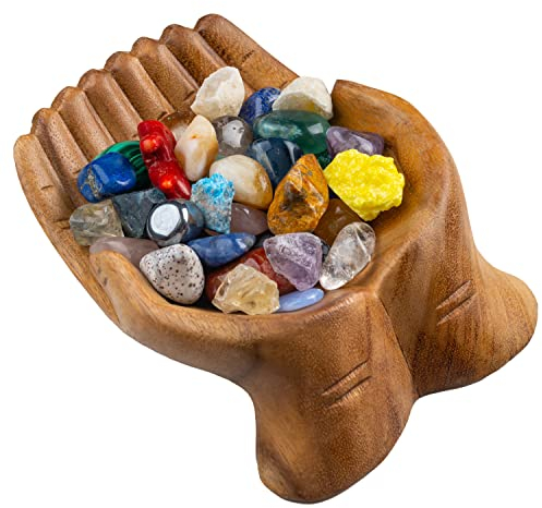 Curawood Carved Hands Offering Bowl - Crystal Holder for Stones - Wooden Tray for Crystals & Healing Stones - Decorative Bowl for Display - Crystal Shelf Display