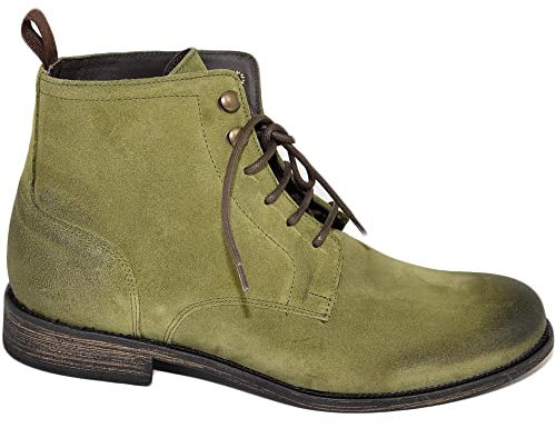 Anfibi Stivali Uomo N02 LS Luisantiago Vera Pelle Scamosciata Verde Spazzolato Ganci Ottone Suola Cuoio Retro' Dandy (42 EU)