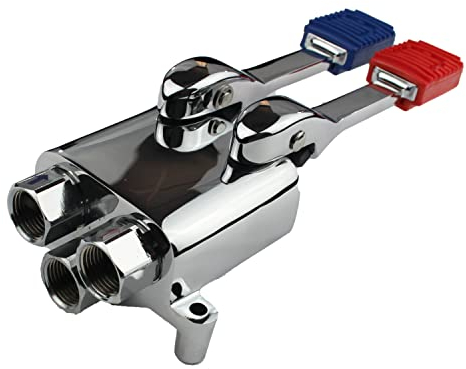 Grifo pedal mezclador doble dos aguas, con palanca doble ideal para cocinas industriales y otros usos. Grifo accionable con pie,pedal rojo para agua caliente y pedal azul para agua fria.