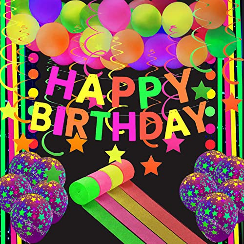 Neon Party Schwarzlicht Deko Geburtstag Neon Luftballons Partyzubehör Leuchtend Geburtstagsdeko UV Schwarzlicht Reaktive HAPPY BIRTHDAY Girlande Leuchtband Krepppapier Neonfarben Leuchtende Ballons