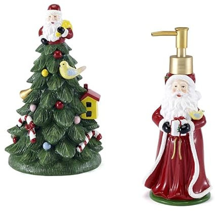 Spode Christmas Tree Accessory Set, Resin Soap Dispenser & Toothbrush Holder, Festive Bathroom Decor, 2pc Bath Accessoriees, Multicolor