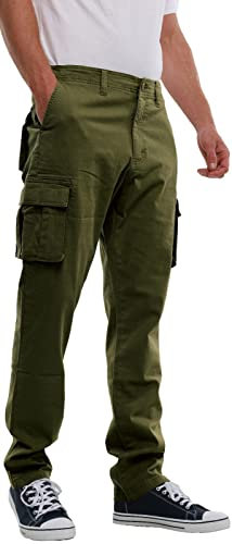 MIG - Mud Ice Gravel Mens Stretch Cargo Chino Trousers - Cotton Elasticated Cargo Pants, Regular Slim Fit Mens Work Casual Chinos (Olive, 36W / 33L)