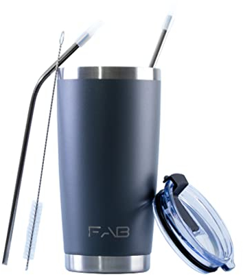 FAB | Vacuum Insulated Tumbler with Lid & Straw 560ml (20oz)| Reusable Stainless Steel Flask for Hot & Cold Drink | Iced Coffee Cup | Travel Mug | BPA Free - Grey
