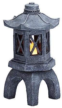 TERESA'S COLLECTIONS Garden Ornaments Outdoor, Japanese Decor Zen Asian Solar Grey Pagoda Lantern, Waterproof Resin Zen Ornaments, New Year Gifts, Indoor Outdoor 29.5CM