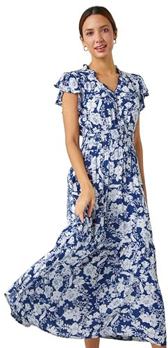 Roman Shirred Empire Waist Dress for Women UK Ladies Midi Maxi Summer Spring Tiered Frill Hem Short Sleeve V Neck Button Through Boho Bohemian Holiday Cruise - Navy & White - Size 18