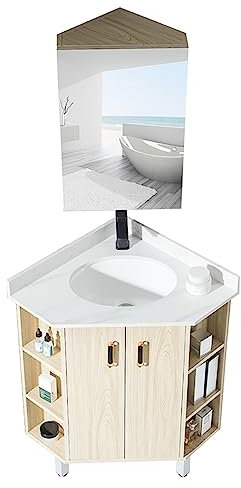 DOSSAE Waschbecken mit Unterschrank,Waschbecken aus Keramik,Eckwaschbecken mit Unterschrank,Sanitärkeramik in weiß,Unterschrank Waschbecken mit Heißem und Kaltem Wasserhahn-Abfluss.